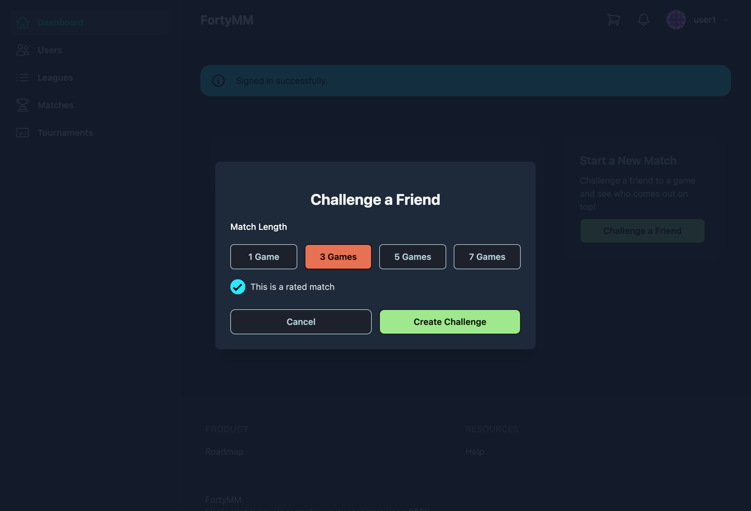 Challenge modal configured for 3 games