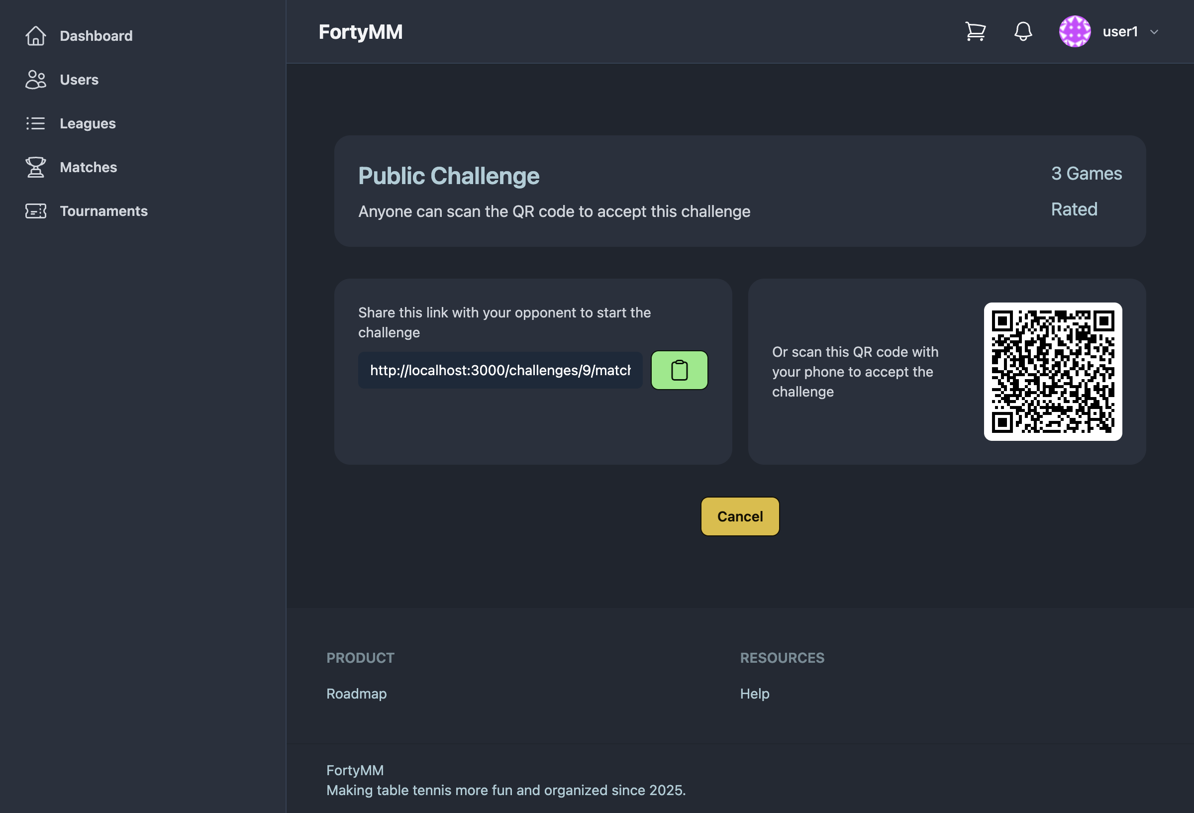 Challenge created with shareable link and QR code