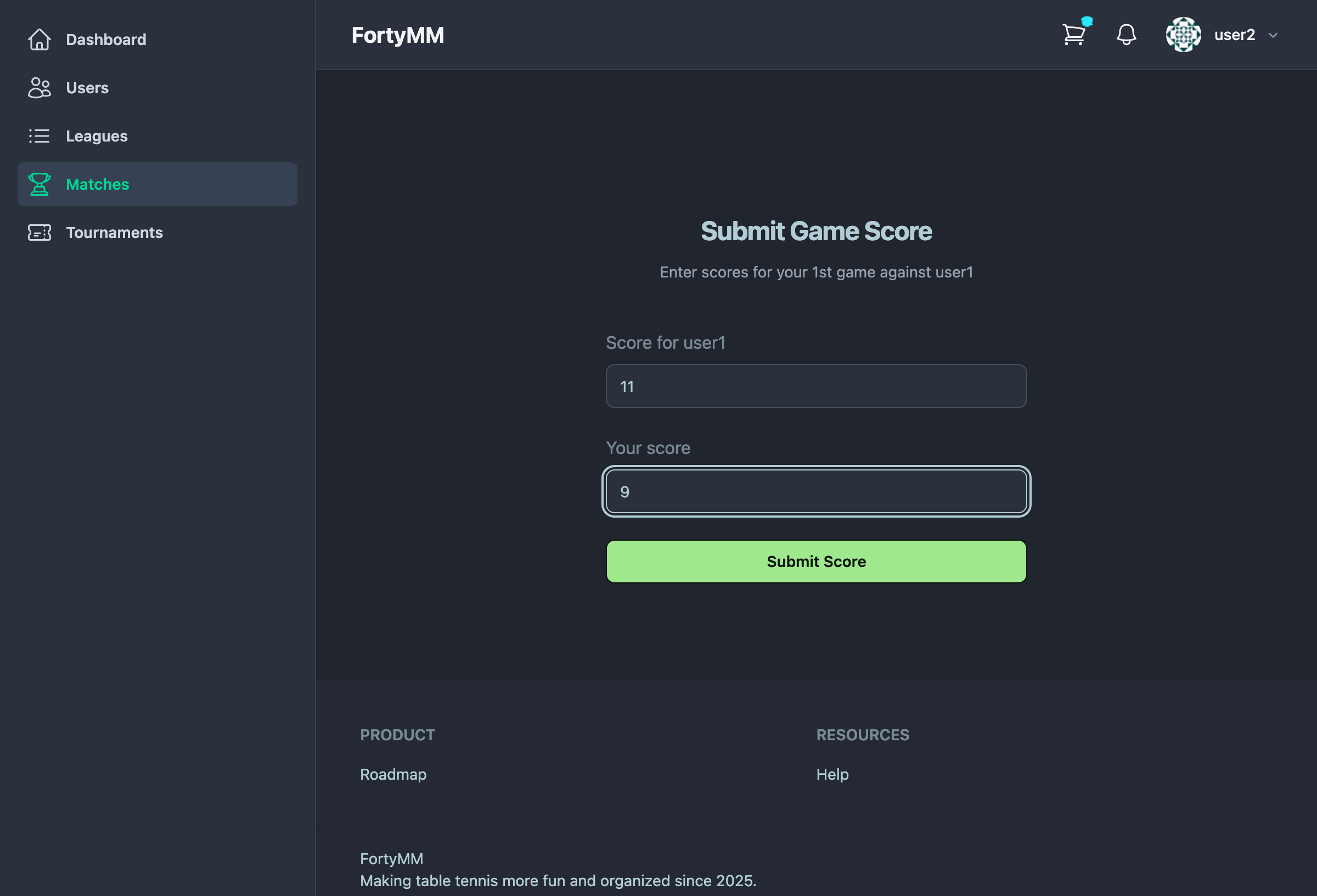 Score submission form filled out